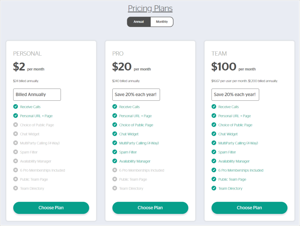 one click calling pricing page